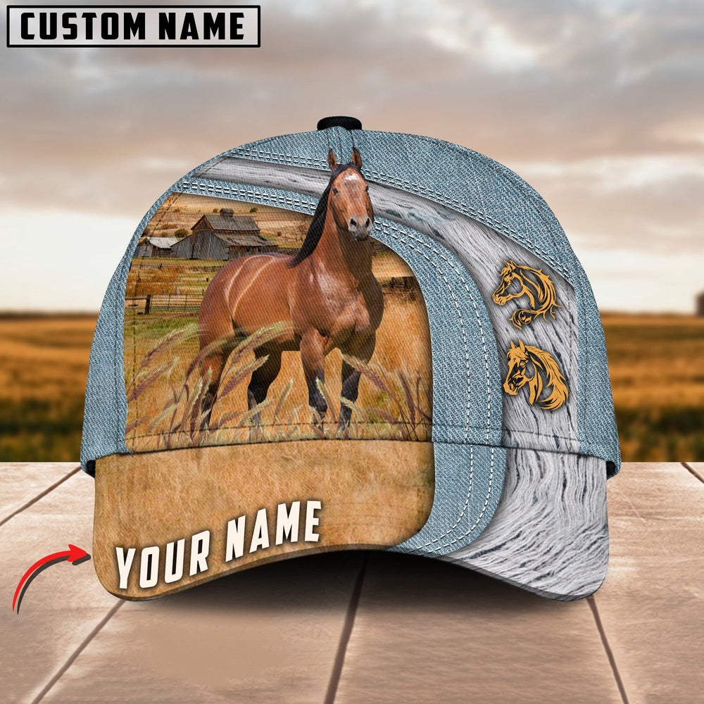 Brown Horse Jeans Pattern Customized Name Cap, Farmer Cap, Vintage Farmer Hat, Mens Farmer Hats, Cap For Farmers