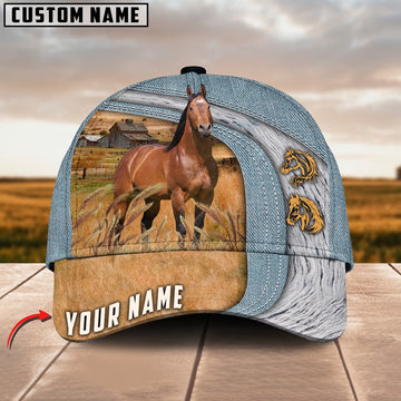 Brown Horse Jeans Pattern Customized Name Cap, Farmer Cap, Vintage Farmer Hat, Mens Farmer Hats, Cap For Farmers