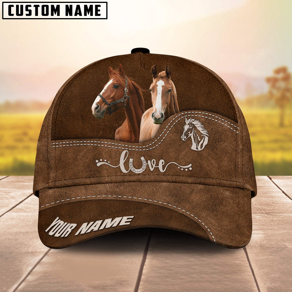 Brown Horse Love Leather Pattern Customized Name Cap, Farmer Cap, Vintage Farmer Hat, Mens Farmer Hats, Cap For Farmers