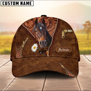 Brown Horse Lover Leather Pattern Customized Name Cap, Farmer Cap, Vintage Farmer Hat, Mens Farmer Hats, Cap For Farmers
