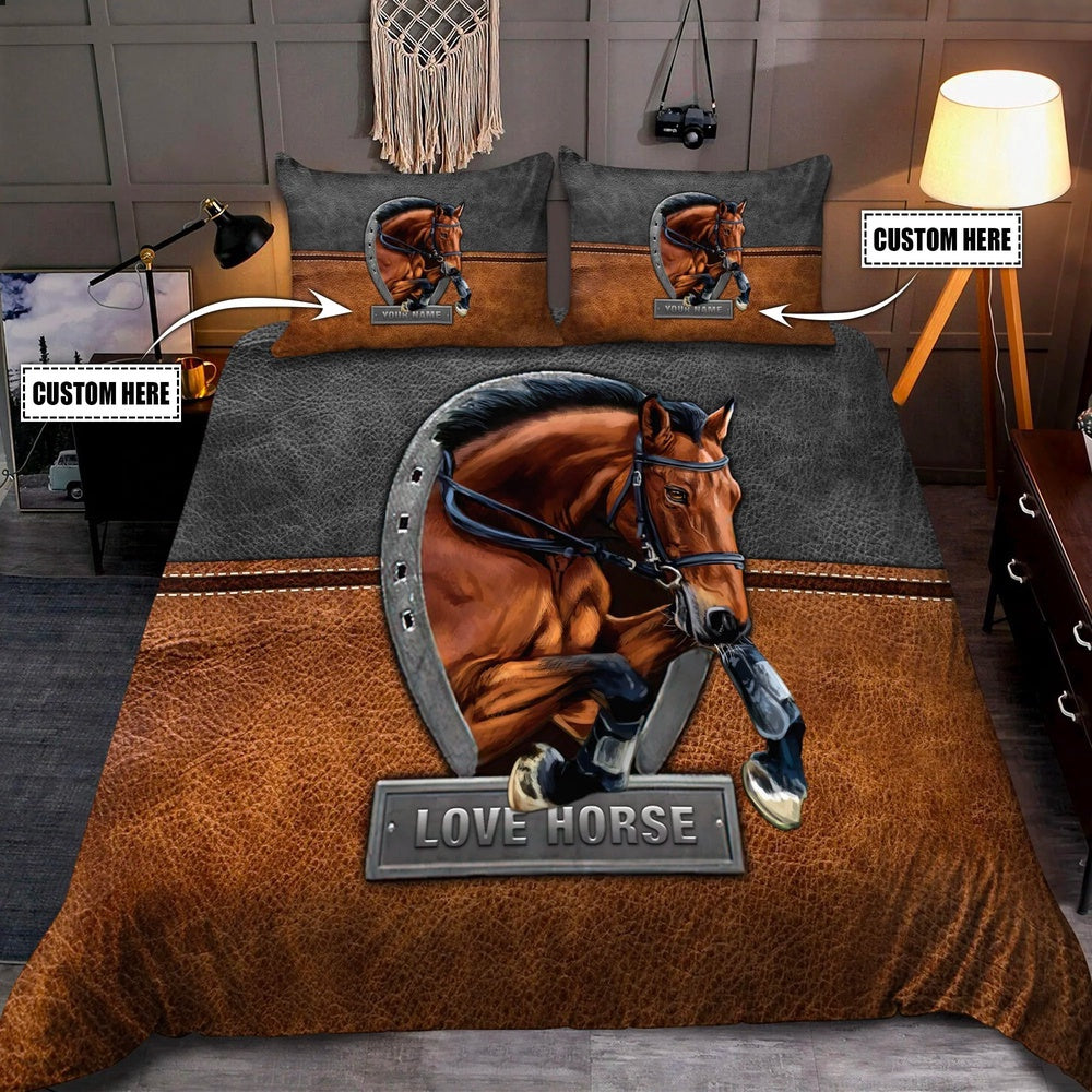 Brown Horse Lovers Custom Name Bedding Set, Farm Bedding Set, Farmhouse Bedding Set