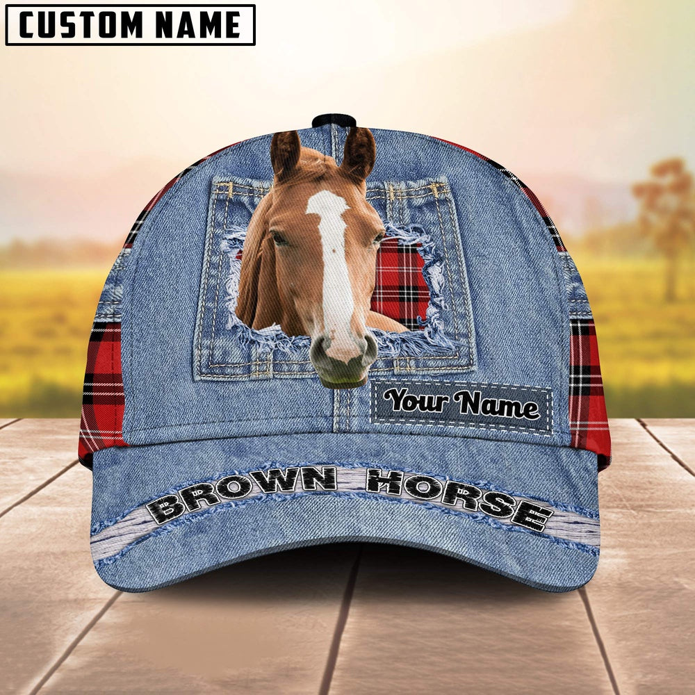 Brown Horse Overall Jeans Pattern And Red Caro Pattern Customized Name Cap, Farmer Cap, Vintage Farmer Hat, Mens Farmer Hats, Cap For Farmers