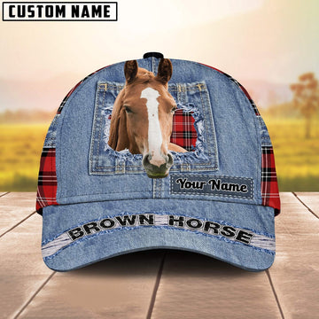 Brown Horse Overall Jeans Pattern And Red Caro Pattern Customized Name Cap, Farmer Cap, Vintage Farmer Hat, Mens Farmer Hats, Cap For Farmers