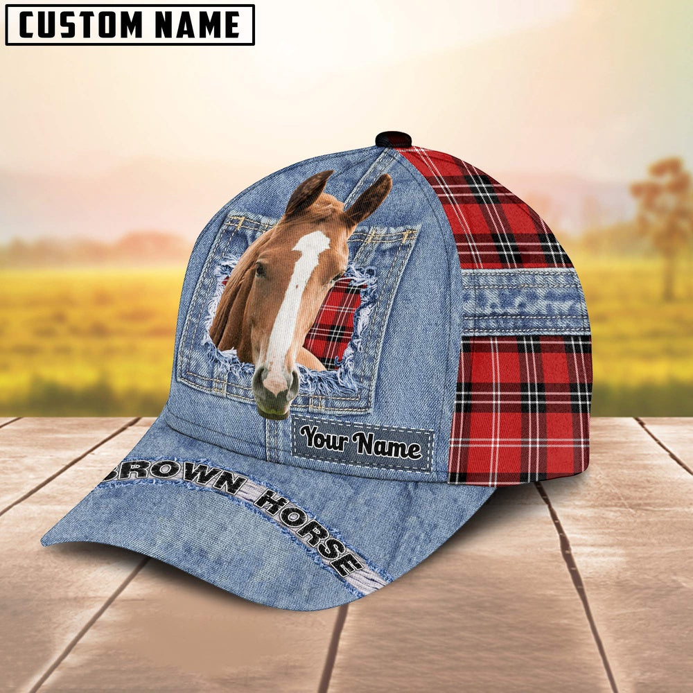 Brown Horse Overall Jeans Pattern And Red Caro Pattern Customized Name Cap, Farmer Cap, Vintage Farmer Hat, Mens Farmer Hats, Cap For Farmers
