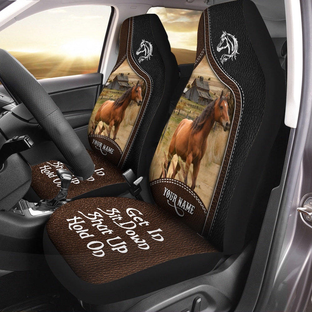Brown Horse Personalized Name Black And Brown Leather Pattern Car Seat Cover, Car Seat Cover, Farm Car Seat Cover, Pet Seat Covers