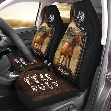 Brown Horse Personalized Name Black And Brown Leather Pattern Car Seat Cover, Car Seat Cover, Farm Car Seat Cover, Pet Seat Covers
