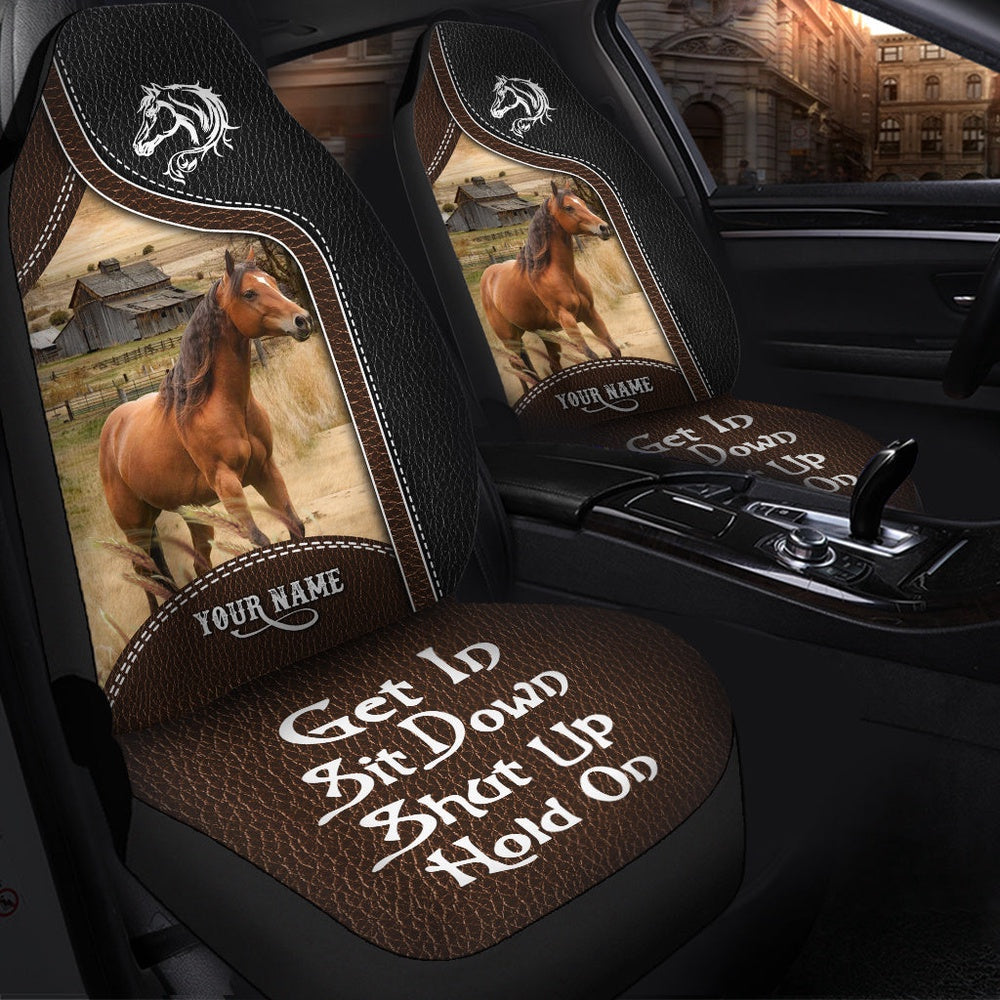 Brown Horse Personalized Name Black And Brown Leather Pattern Car Seat Cover, Car Seat Cover, Farm Car Seat Cover, Pet Seat Covers