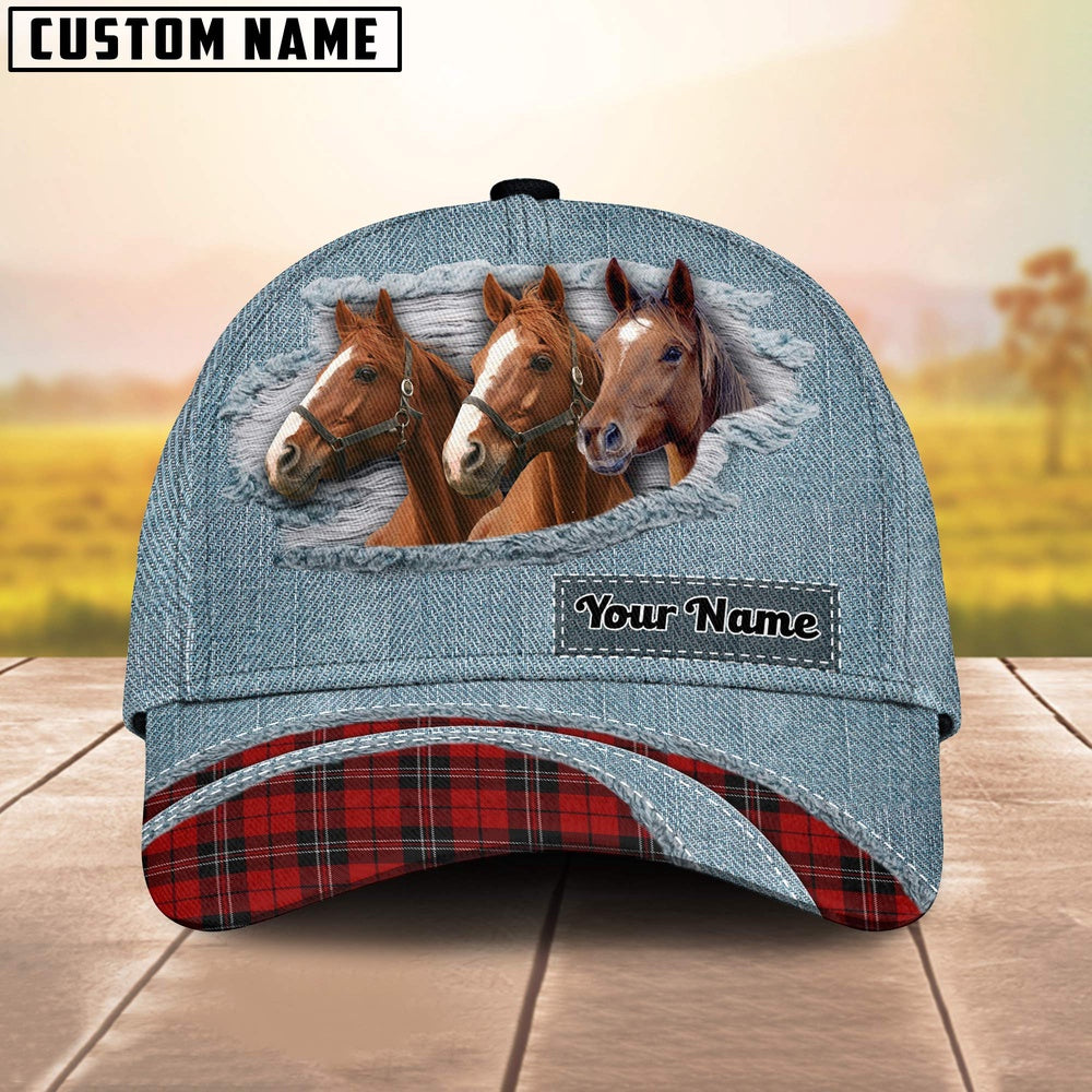 Brown Horse Red Caro And Jeans Pattern Customized Name Cap, Farmer Cap, Vintage Farmer Hat, Mens Farmer Hats, Cap For Farmers