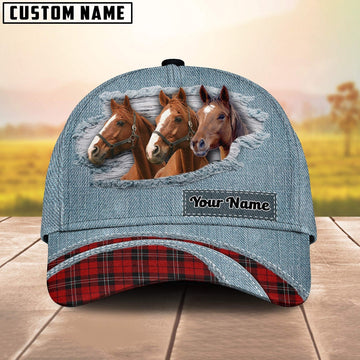 Brown Horse Red Caro And Jeans Pattern Customized Name Cap, Farmer Cap, Vintage Farmer Hat, Mens Farmer Hats, Cap For Farmers