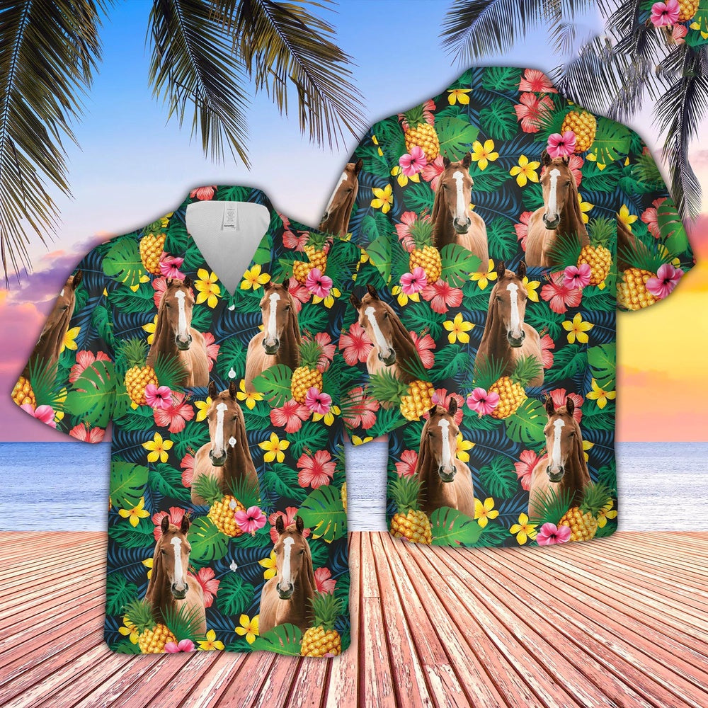 Brown Horse Summer Pattern Hawaiian Shirt, Farm Hawaiian Shirt, Farmer Hawaii
