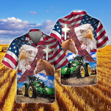 Brown Horse With Eagles And Tractor Hawaiian Shirt, Farm Hawaiian Shirt, Farmer Hawaii