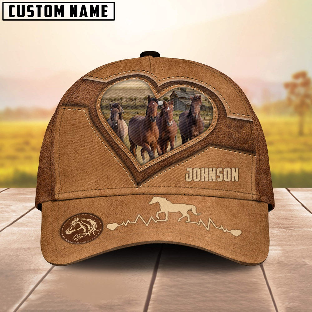 Brown Horses Heart Shaped Style Customized Name Cap, Farmer Cap, Vintage Farmer Hat, Mens Farmer Hats, Cap For Farmers