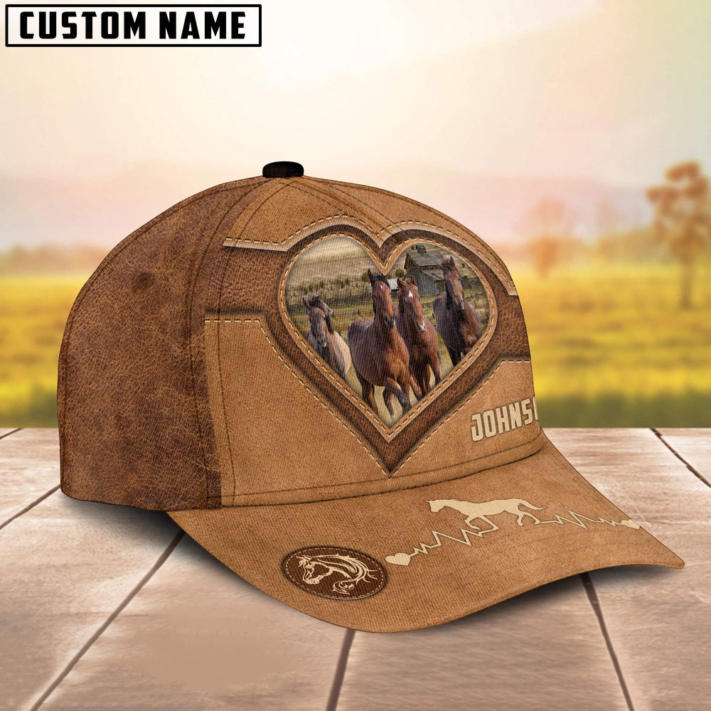 Brown Horses Heart Shaped Style Customized Name Cap, Farmer Cap, Vintage Farmer Hat, Mens Farmer Hats, Cap For Farmers
