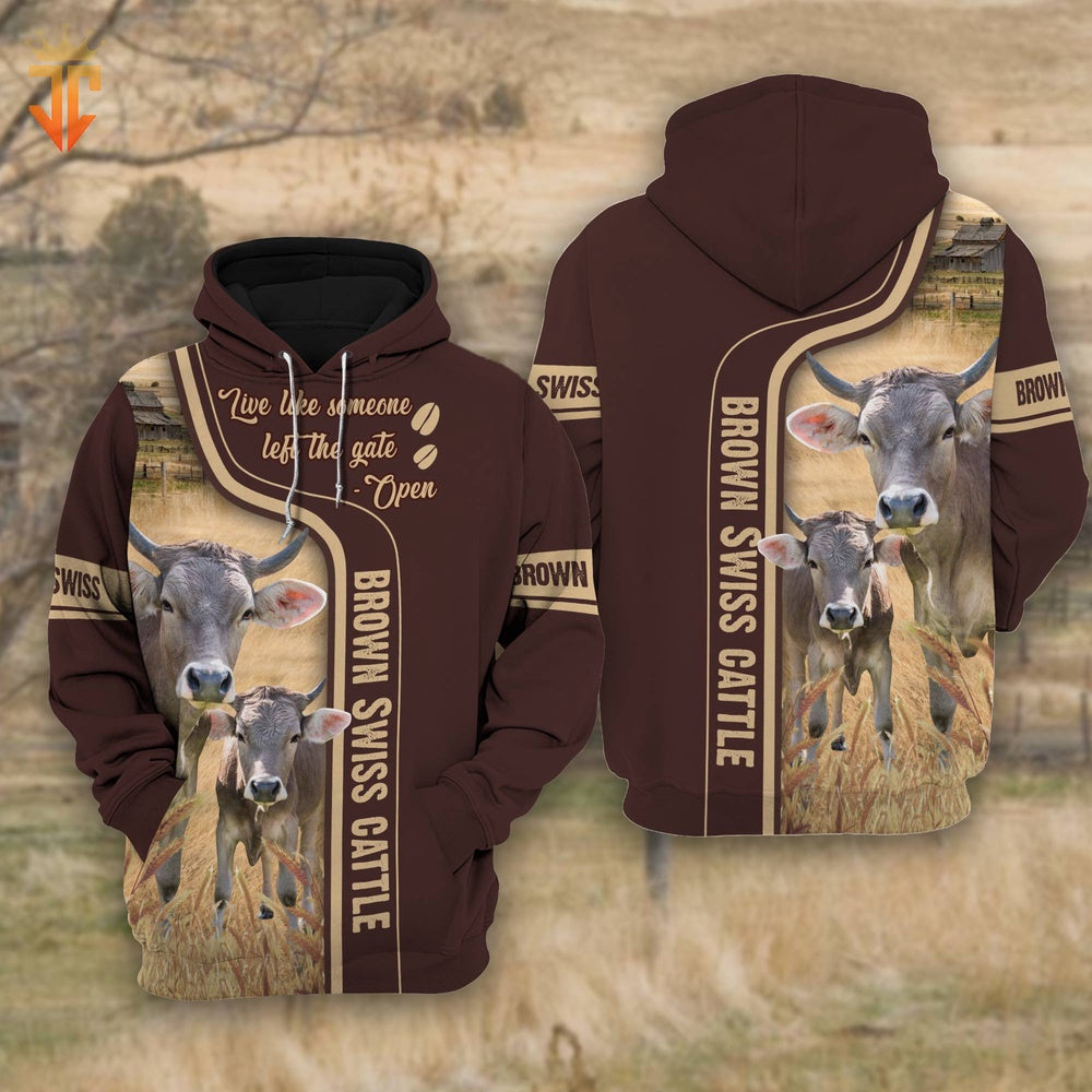 Brown Swiss Cattle Live Like Someone left the gate open Shirts, Farmer Hoodie, Farm Themed Shirts, Farm Tee Shirts