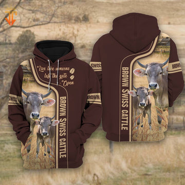 Brown Swiss Cattle Live Like Someone left the gate open Shirts, Farmer Hoodie, Farm Themed Shirts, Farm Tee Shirts