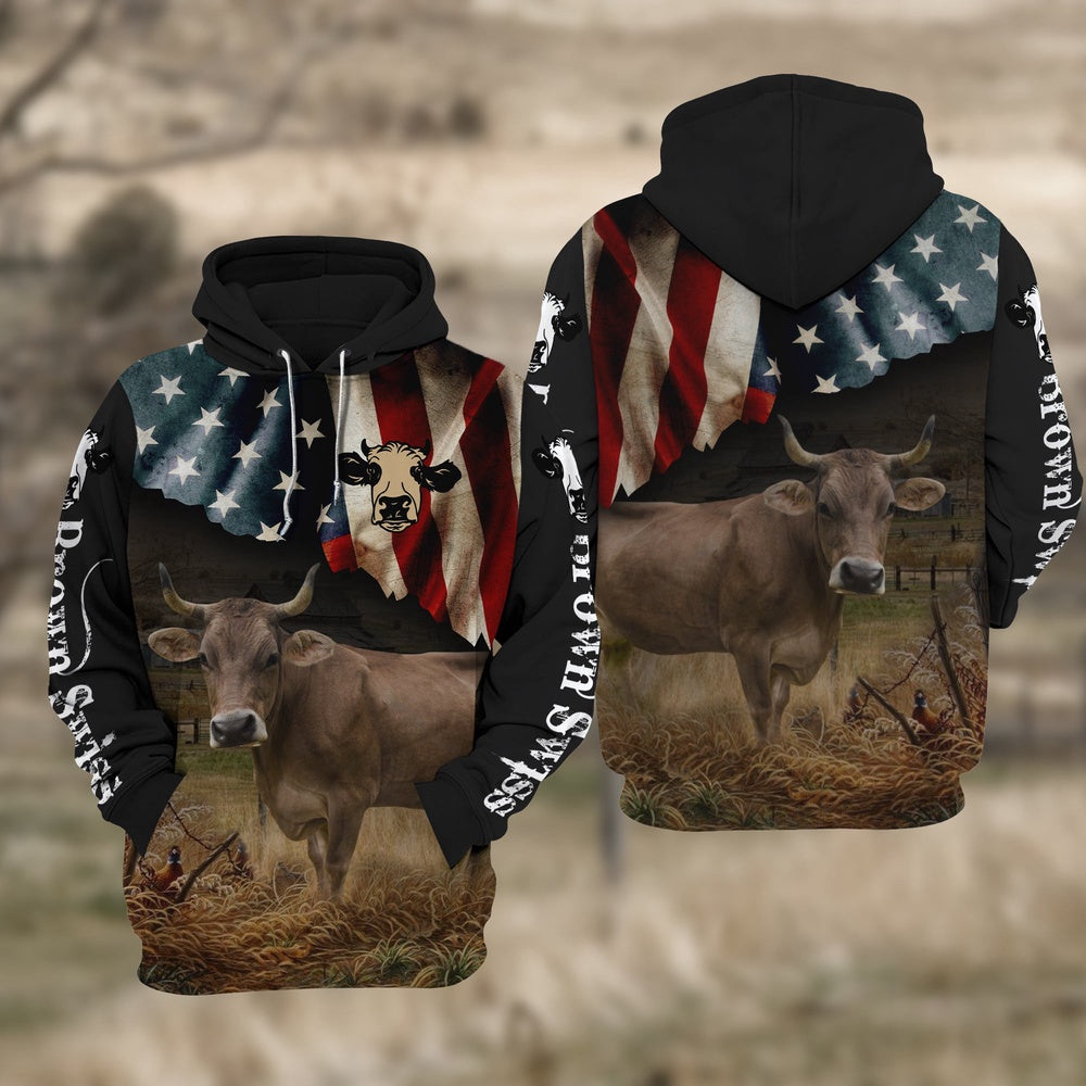 Brown Swiss Cattle US Flag All Over Printed Hoodie TT, Farmer Hoodie, Farm Themed Shirts, Farm Tee Shirts
