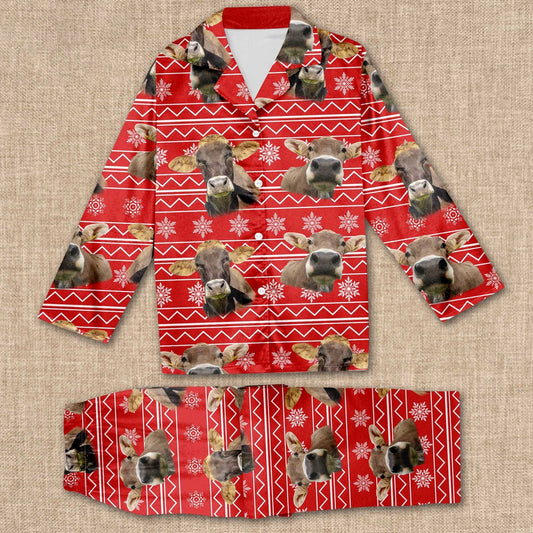 Brown Swiss Christmas Pattern All Over Print Pajamas Sets, Farm Pajamas, Farm Animal Pajamas, Christmas Farm Pajamas