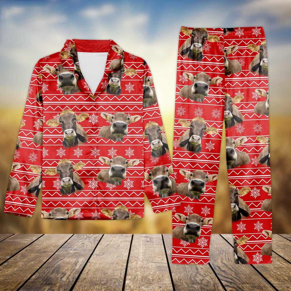 Brown Swiss Christmas Pattern All Over Print Pajamas Sets, Farm Pajamas, Farm Animal Pajamas, Christmas Farm Pajamas
