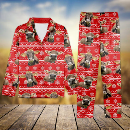 Brown Swiss Christmas Pattern All Over Print Pajamas Sets, Farm Pajamas, Farm Animal Pajamas, Christmas Farm Pajamas