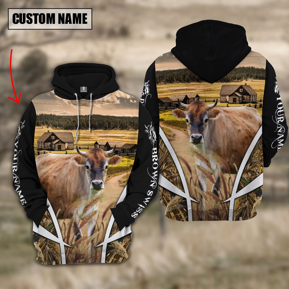 Brown Swiss Custom Name Meadow Pattern Black Hoodie, Farmer Hoodie, Custom Farm Shirts, Farmer T Shirt
