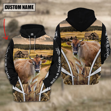 Brown Swiss Custom Name Meadow Pattern Black Hoodie, Farmer Hoodie, Custom Farm Shirts, Farmer T Shirt