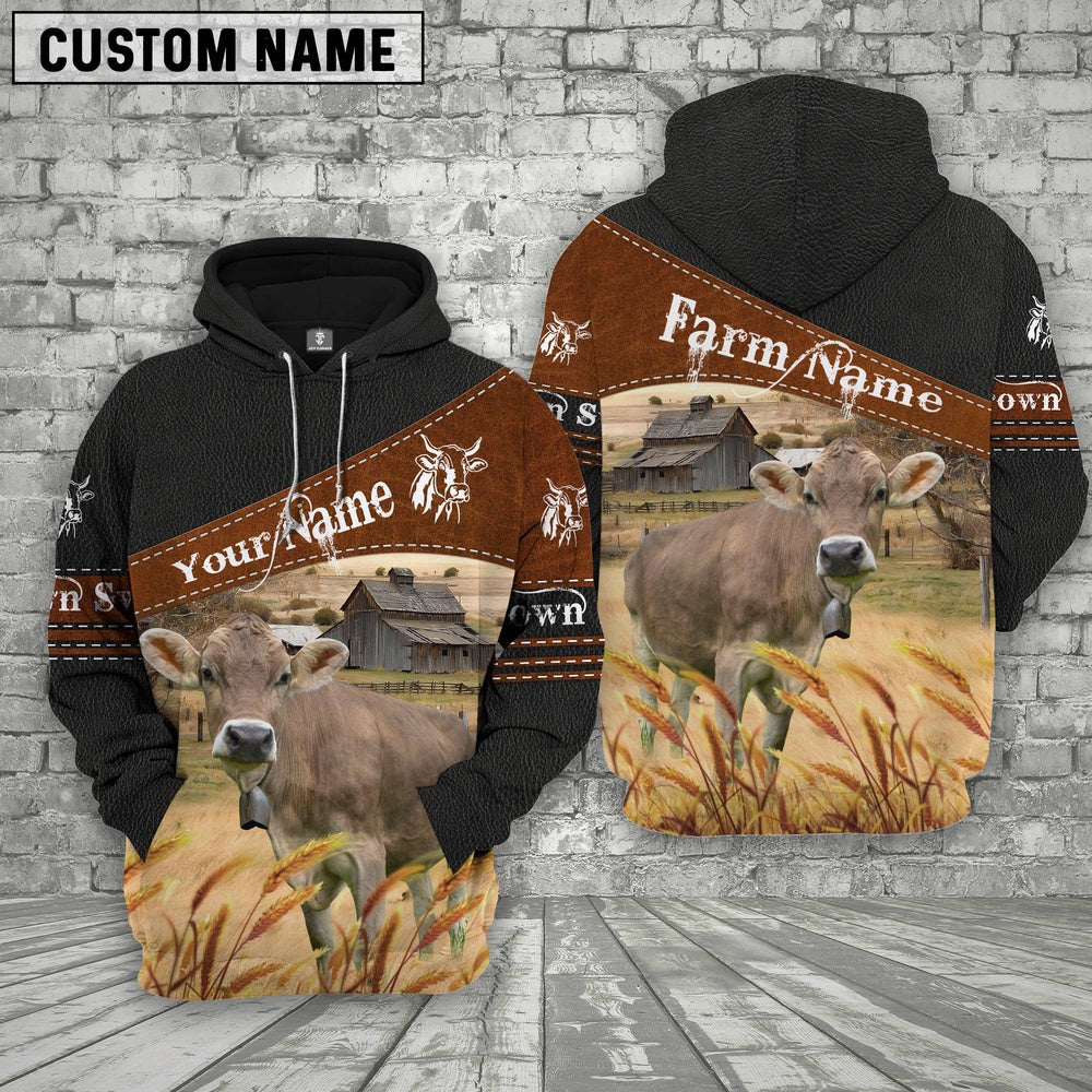 Brown Swiss On Farm Custom Name Printed 3D Black Hoodie, Farmer Hoodie, Custom Farm Shirts, Farmer T Shirt
