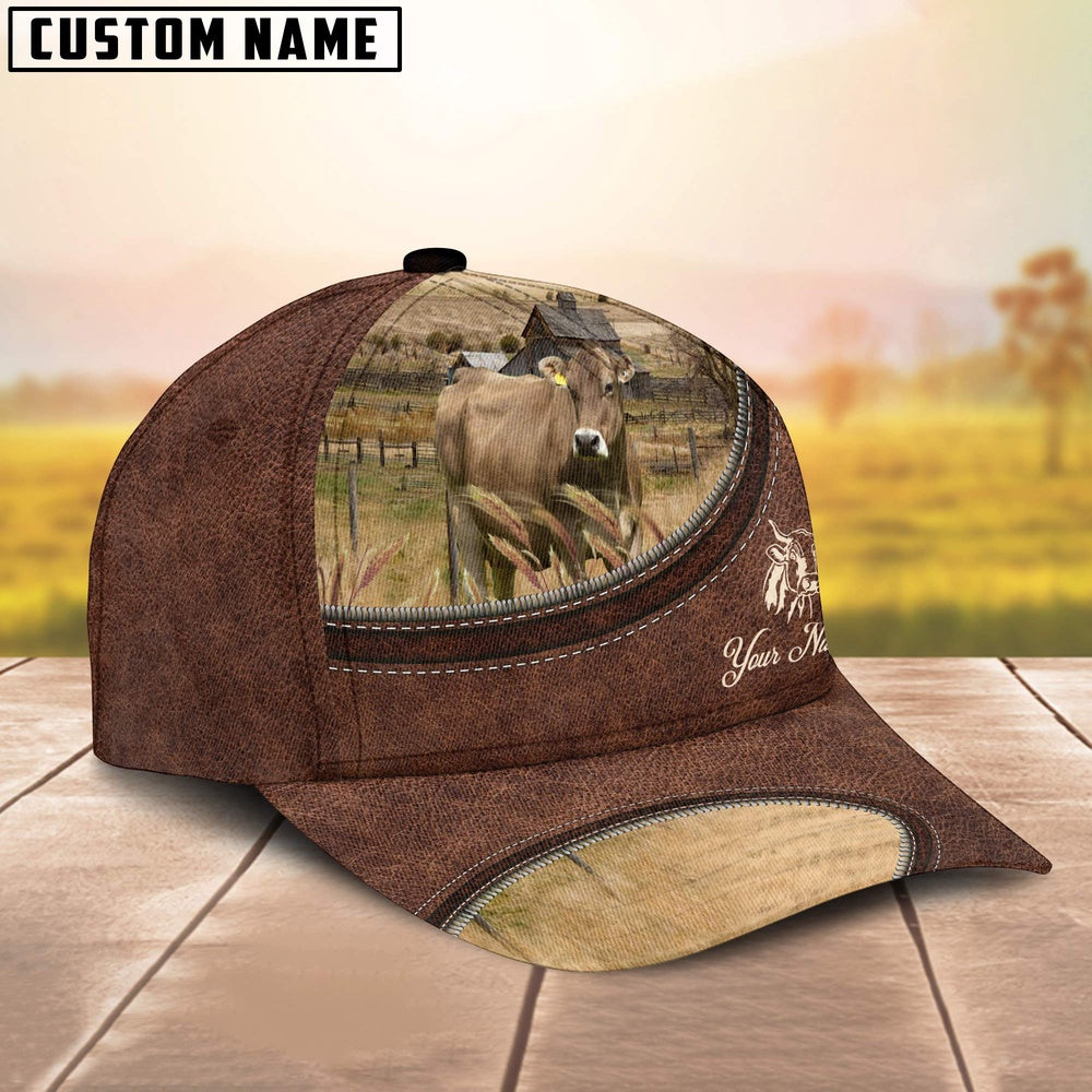 Brown Swiss On The Farm Customized Name Leather Pattern Cap, Farmer Cap, Vintage Farmer Hat, Mens Farmer Hats, Cap For Farmers