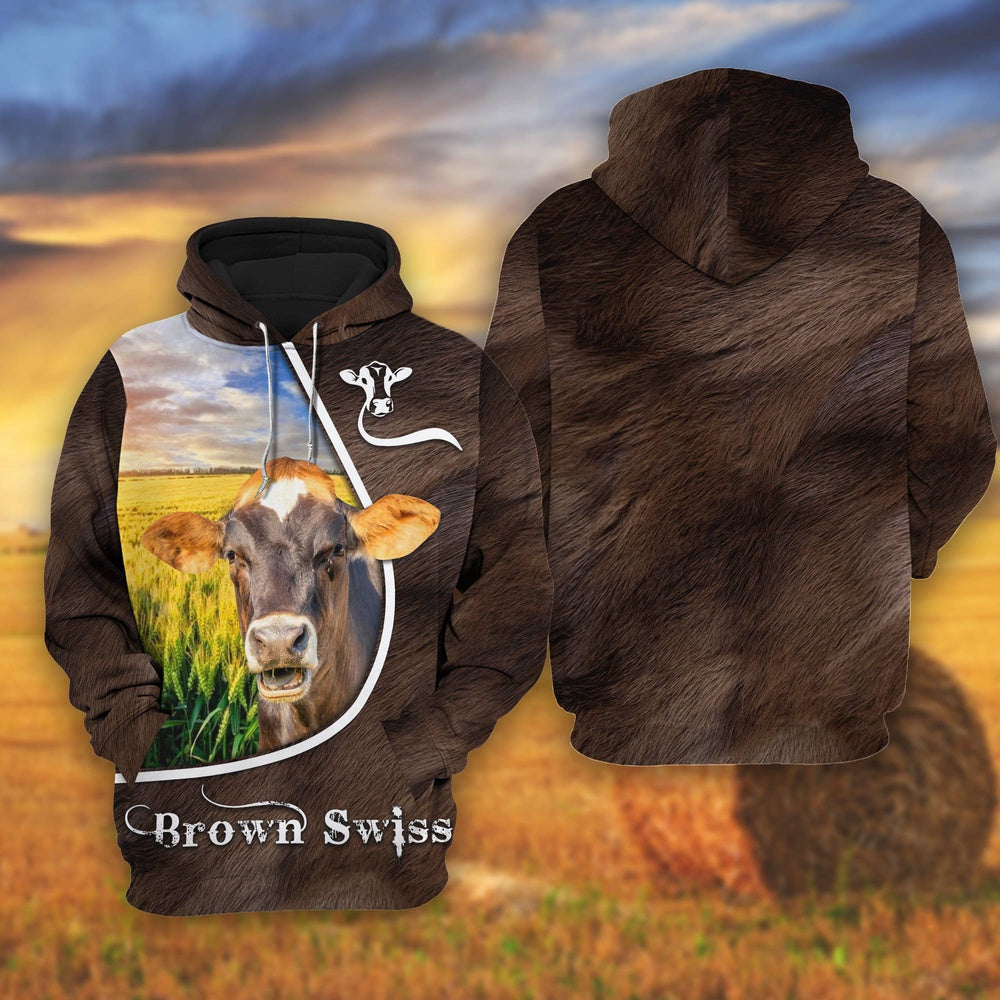 Brown Swiss On The Wheat Field All Over Printed Shirts, Farmer Hoodie, Farm Themed Shirts, Farm Tee Shirts