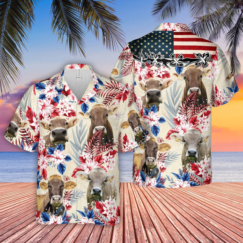 Brown Swiss Pattern US FLAG Hawaiian Shirt, Farm Hawaiian Shirt, Farmer Hawaii