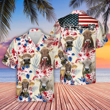 Brown Swiss Pattern US FLAG Hawaiian Shirt, Farm Hawaiian Shirt, Farmer Hawaii