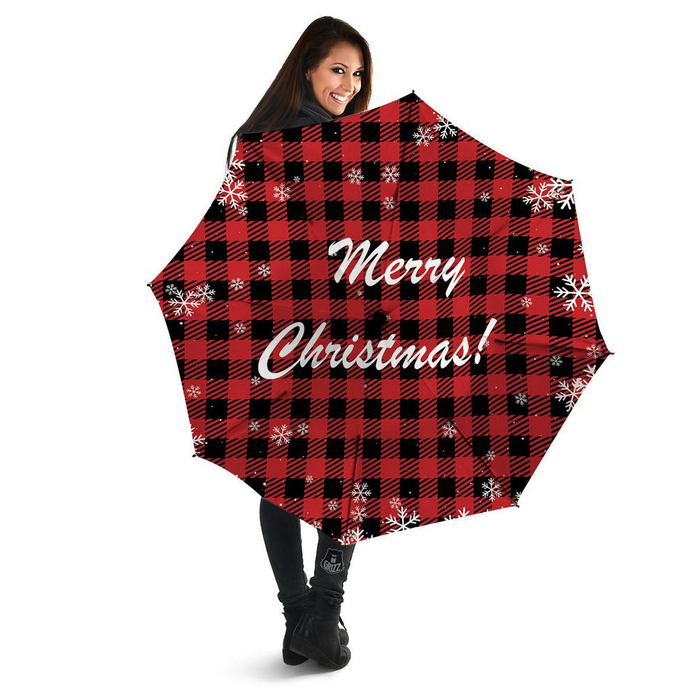 Buffalo Plaid Christmas Print Umbrella, Christmas Umbrella, Xmas Umbrella