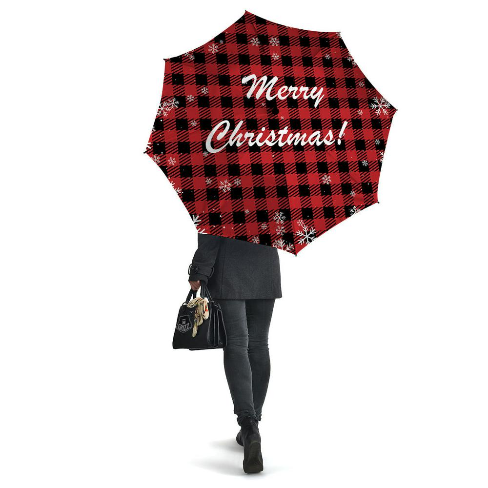 Buffalo Plaid Christmas Print Umbrella, Christmas Umbrella, Xmas Umbrella