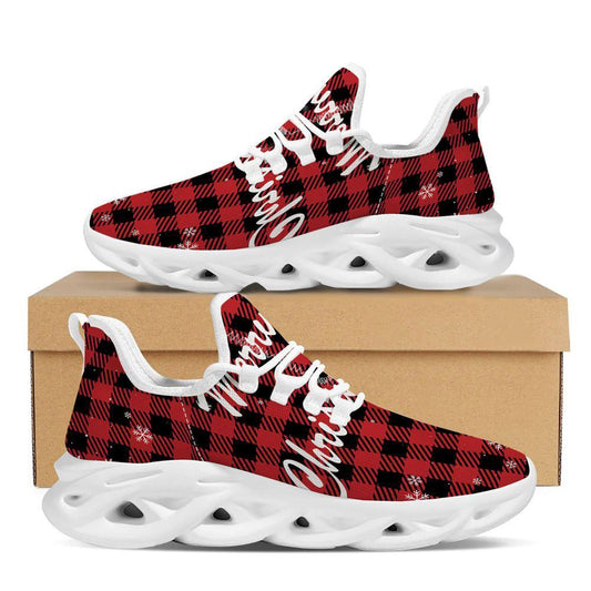Buffalo Plaid Christmas Print White Max Soul Shoes, Christmas Sneakers, Christmas Shoes, Christmas Clunky Sneaker