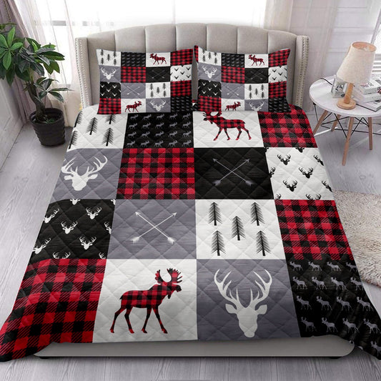 Buffalo Plaid Patchwork Elk Arrows Deer Head And Trees Chrismas Bedding Set, Christmas Beddings, Xmas Bedding Sets