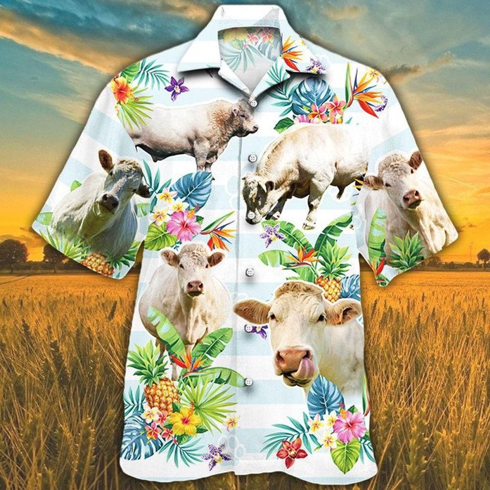 CHAROLAIS CATTLE Hawaiian Theme Pineapple Tropical Flower Hawaiian Shirt, Farm Hawaiian Shirt, Farmer Hawaii