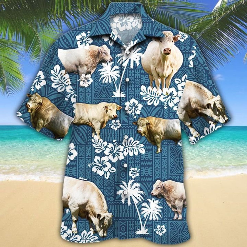 CHAROLAIS Cattle Blue Tribal All Over Printed Hawaiian Shirt, Farm Hawaiian Shirt, Farmer Hawaii