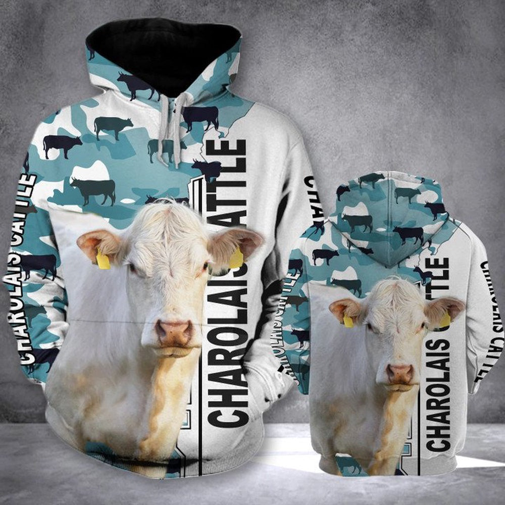 CHAROLAI HALF CAMO All Over Printed Hoodie, Farmer Hoodie, Farm Themed Shirts, Farm Tee Shirts