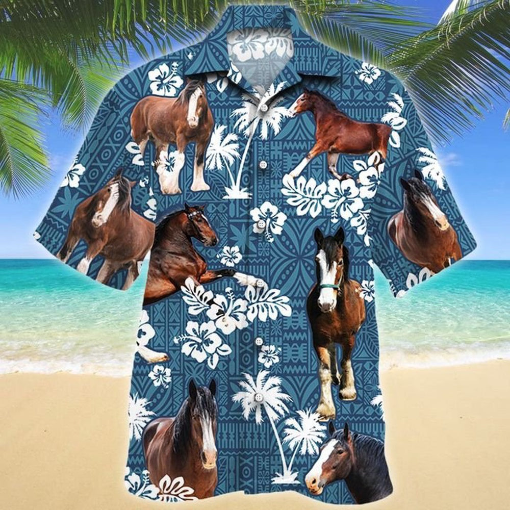 CLYDESDALE HORSE Blue Tribal All Over Printed Hawaiian Shirt, Farm Hawaiian Shirt, Farmer Hawaii