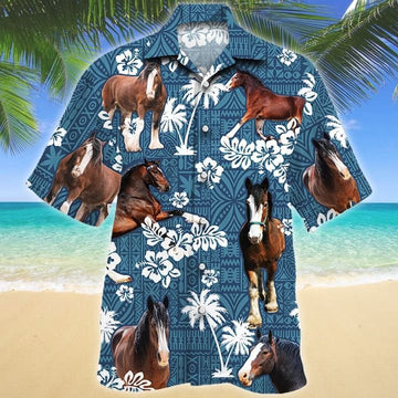 CLYDESDALE HORSE Blue Tribal All Over Printed Hawaiian Shirt, Farm Hawaiian Shirt, Farmer Hawaii