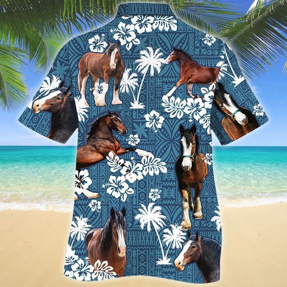 CLYDESDALE HORSE Blue Tribal All Over Printed Hawaiian Shirt, Farm Hawaiian Shirt, Farmer Hawaii