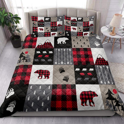 Cabin Bear Country Patchwork Bears Mountains Bear Tracks Arrows Tree Bedding Set, Christmas Beddings, Xmas Bedding Sets