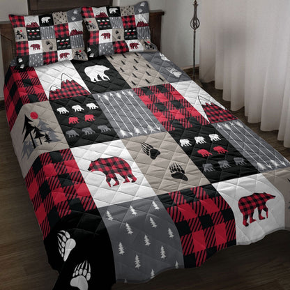 Cabin Bear Country Patchwork Bears Mountains Bear Tracks Arrows Tree Bedding Set, Christmas Beddings, Xmas Bedding Sets