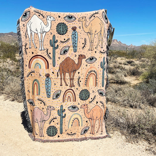 Camel Cactus Rainbow Pattern All Over Printed 3D Woven Blanket, Farm Blanket, Farm Animal Blanket