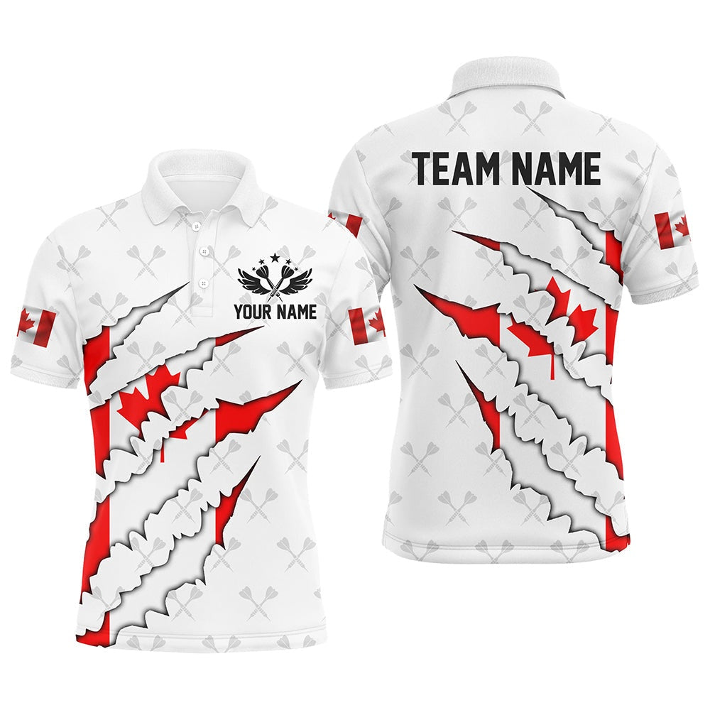 Canada Flag Darts Pattern Custom Polo Shirts For Men, White Patriotic Darts Polo, Darts Team Polo Shirt