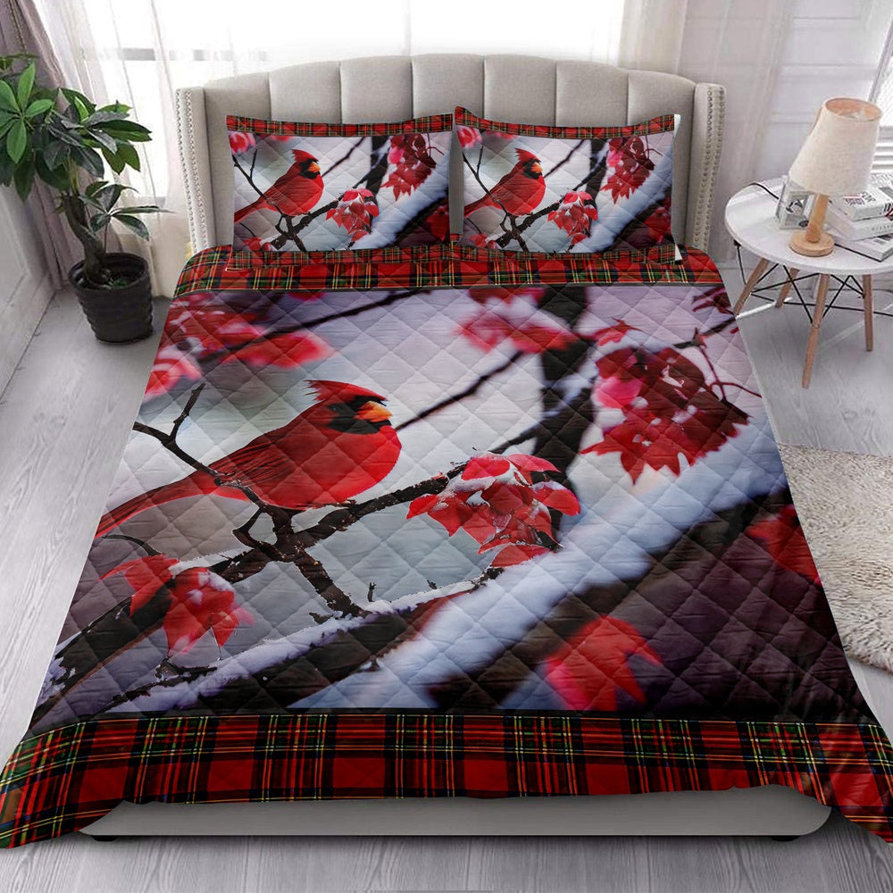 Cardinal Bird Snowflake Red Maple Leaf Buffalo Plaidmas Bedding Set, Christmas Beddings, Xmas Bedding Sets