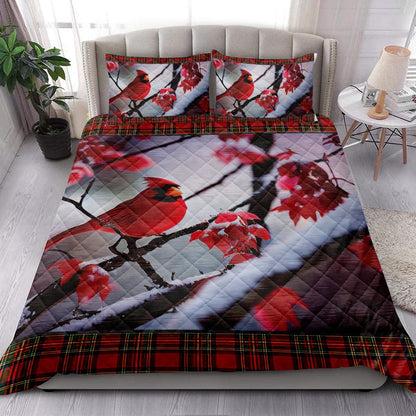 Cardinal Bird Snowflake Red Maple Leaf Buffalo Plaidmas Bedding Set, Christmas Beddings, Xmas Bedding Sets