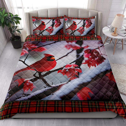 Cardinal Bird Snowflake Red Maple Leaf Buffalo Plaidmas Bedding Set, Christmas Beddings, Xmas Bedding Sets