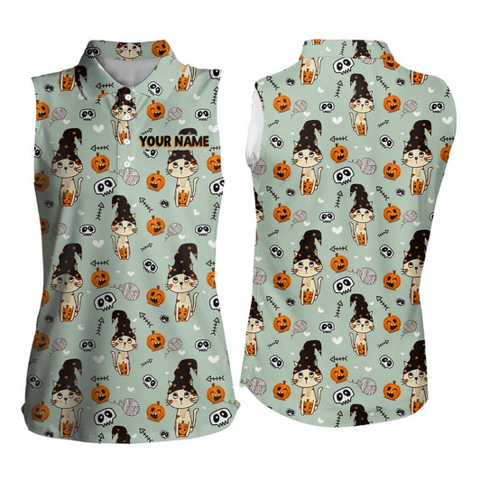 Cat Seamless Halloween Pattern Green Sleeveless Golf Polo Shirts Cute Halloween Golf Gifts, Women Golf Shirts