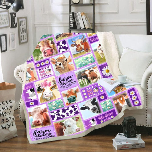 Cattle Farm Hair Don't Care Purple Pattern Blanket, Farm Blanket, Farm Animal Blanket