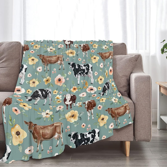 Cattle Flowers Pattern Blanket, Farm Blanket, Farm Animal Blanket